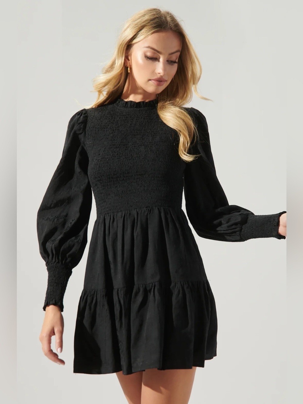 NWT Sugarlips Linen Blend Elizabeth High Neck Smocked Long Sleeve Dress $99