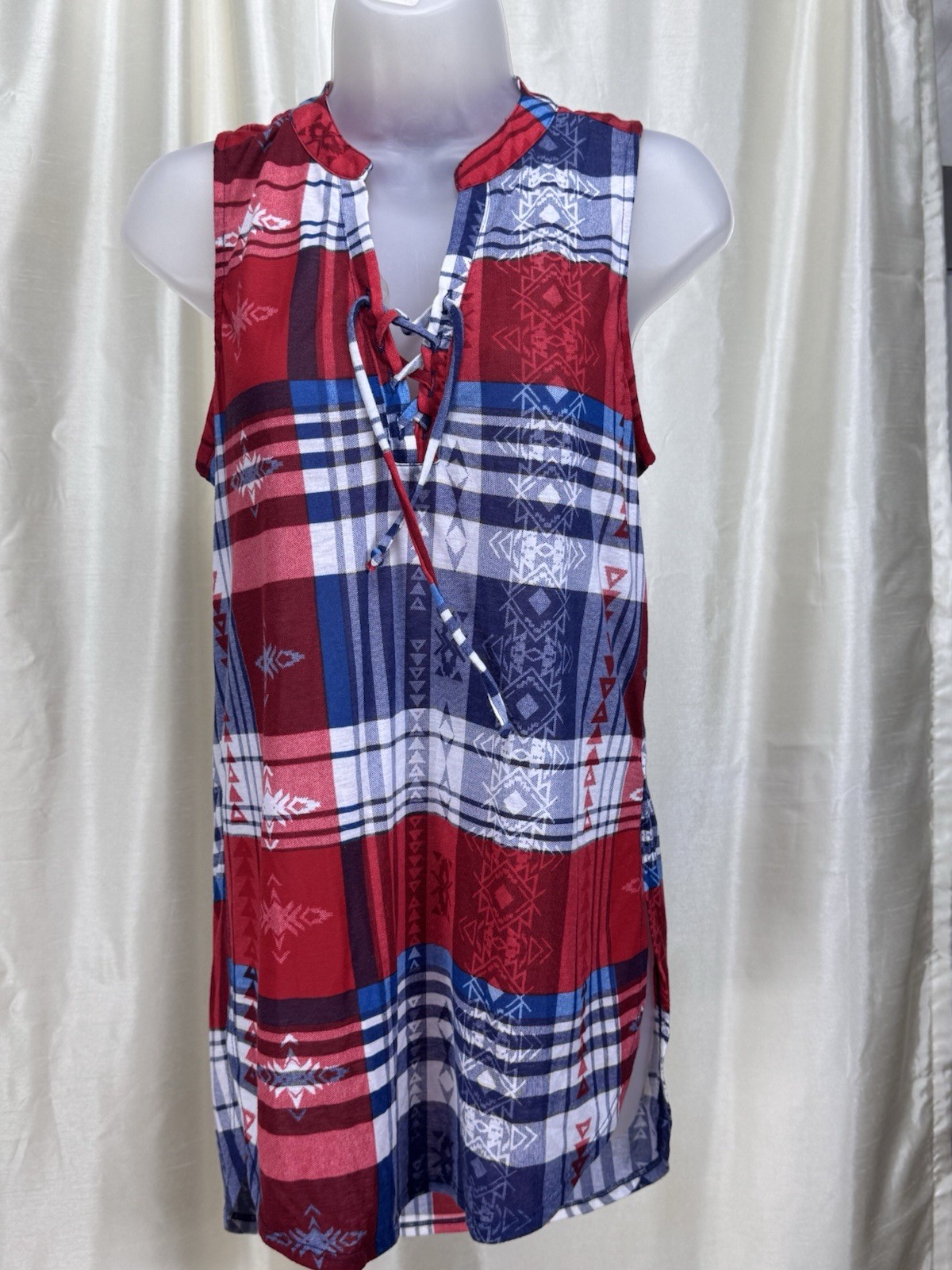 Almost Famous Blouse Womens Medium Plaid Sleeveless Lace Up Red & Blue Button