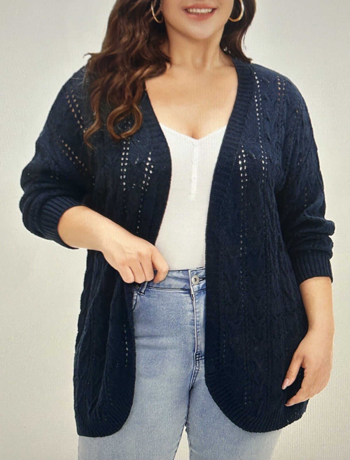 Plain Eyelet Curved Hem Drop Shoulder Nice Cardigan Bloomchic Size 22L
