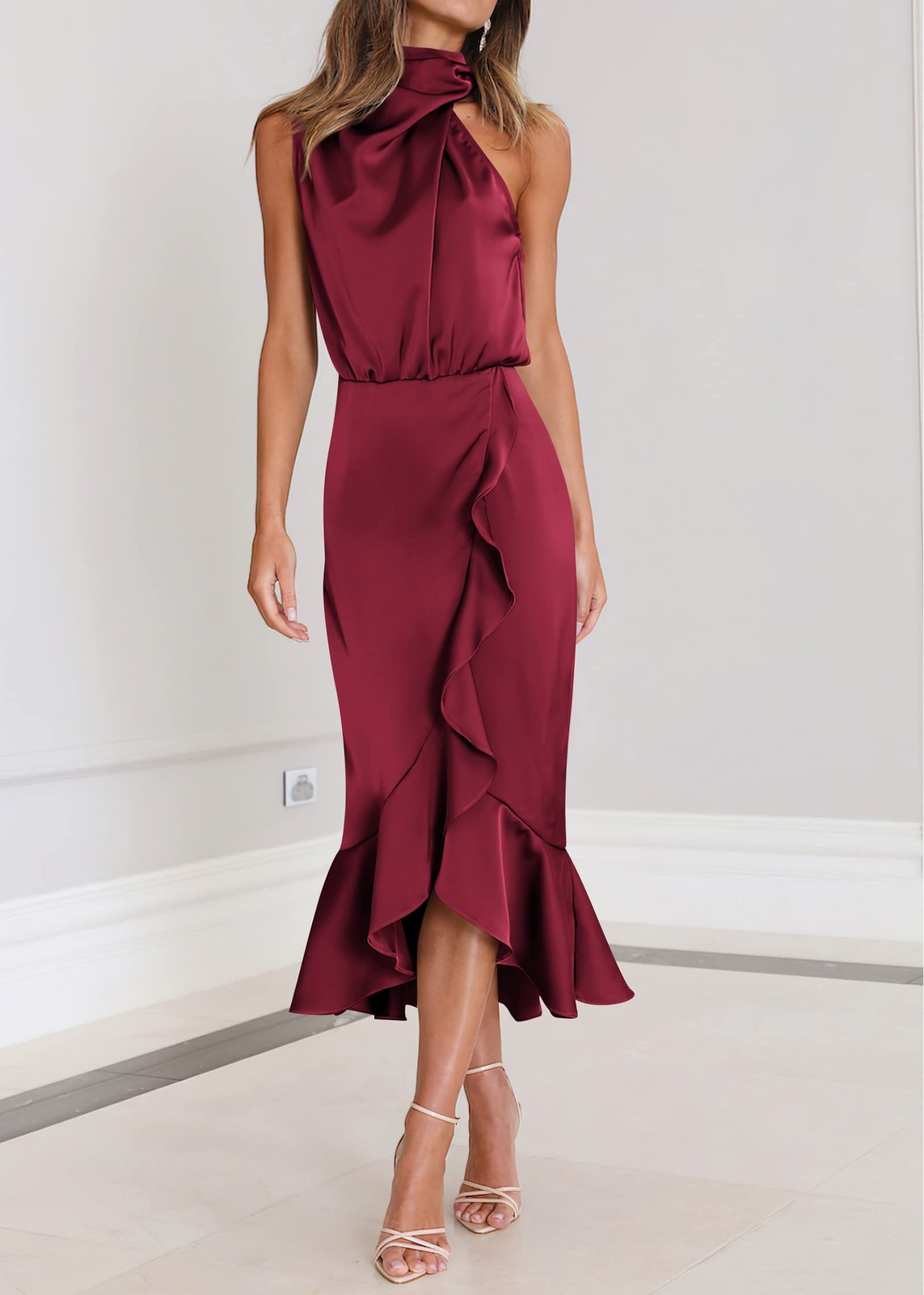 KIRUNDO Women Satin Mock Neck Midi Dress Small Wine Red Ruffle Hem 2026 SMALL