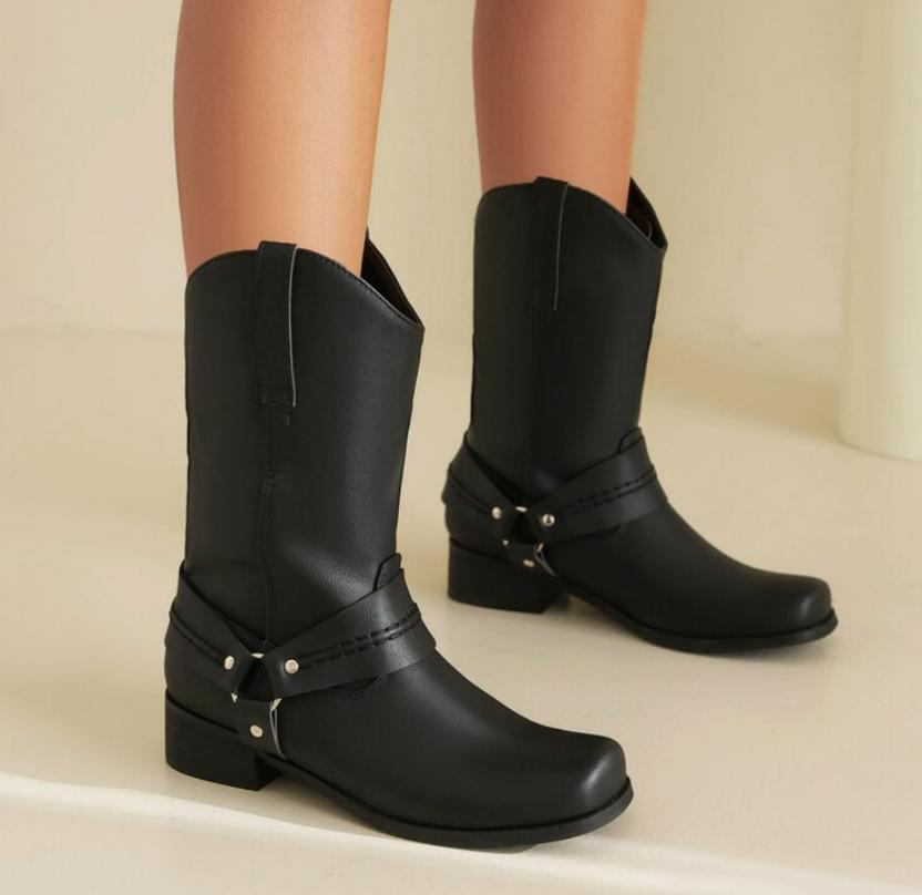 Vintage Women’s Square Toe Mid Calf Boots Fashion Chunky Heel Chelsea Shoes New