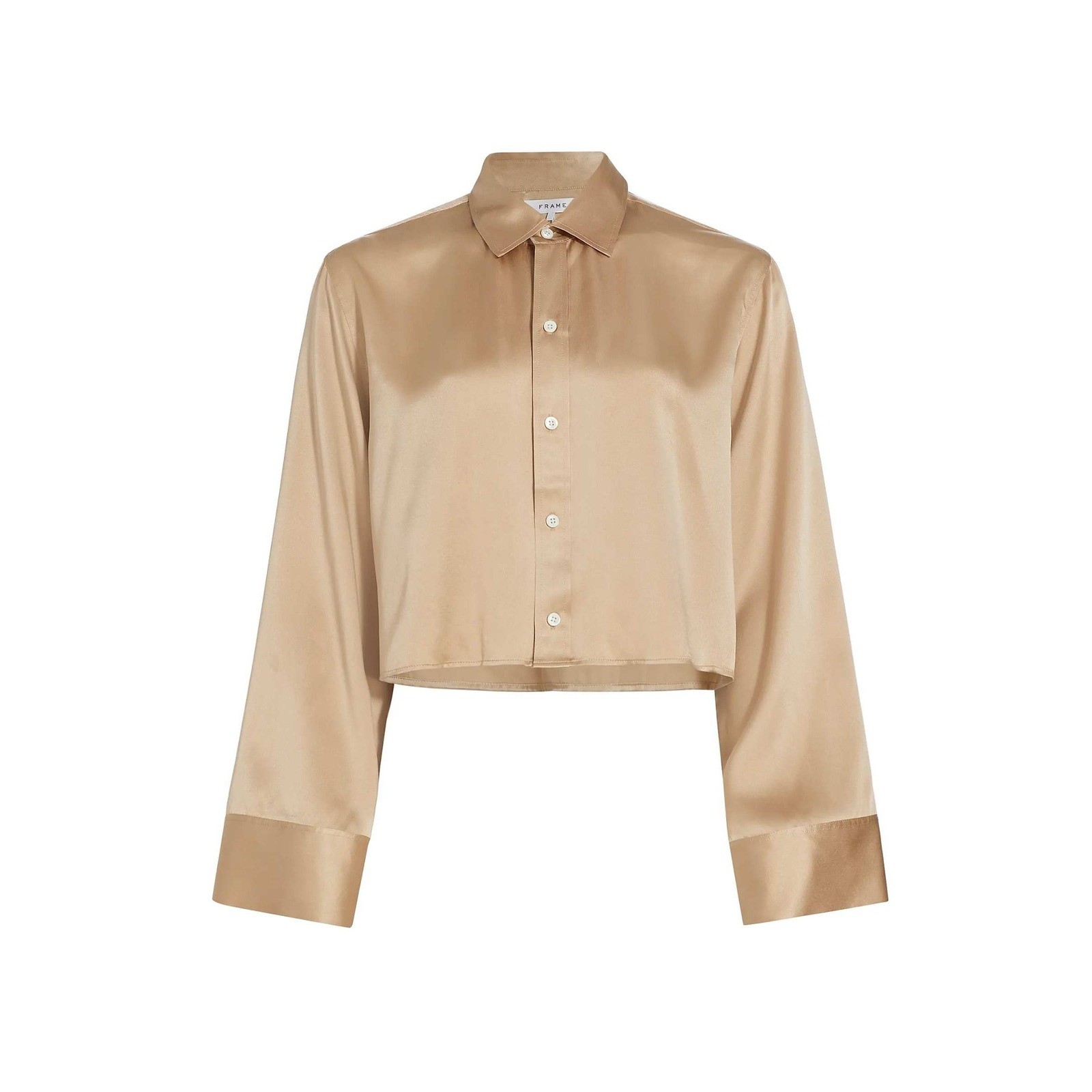 FRAME Khaki Tan 100% Washable Silk Cropped Button Down Shirt LWSH2823 Small 1344