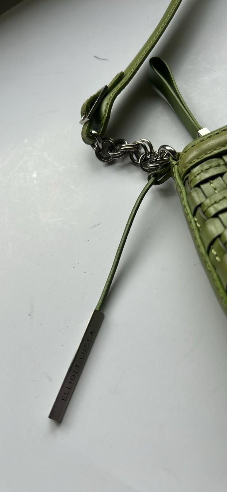 Elliott Lucca Green Woven Zip Shoulder Bag Chain Strap Detachable Lined