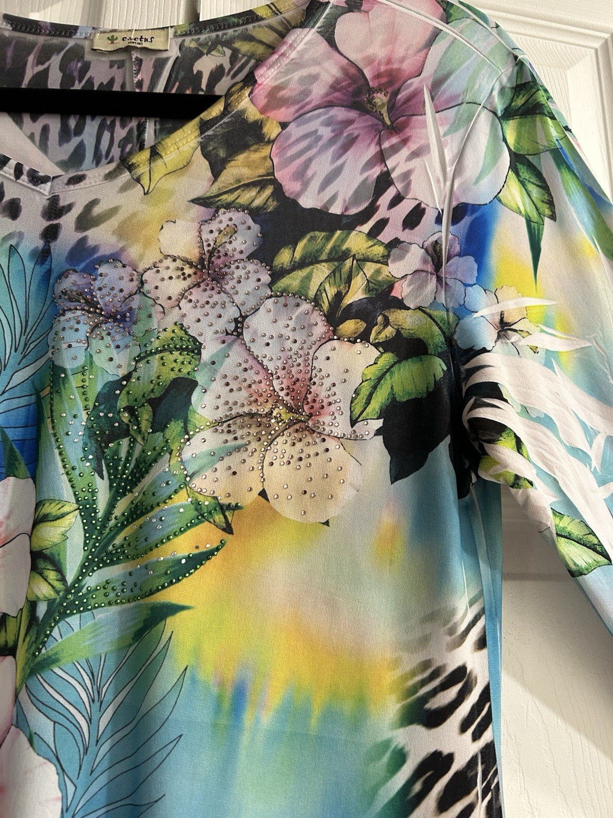 Cactus Tropical Orchids Tunic Top~Embellished~Traveler knit~38 bust~Asymmetric~S