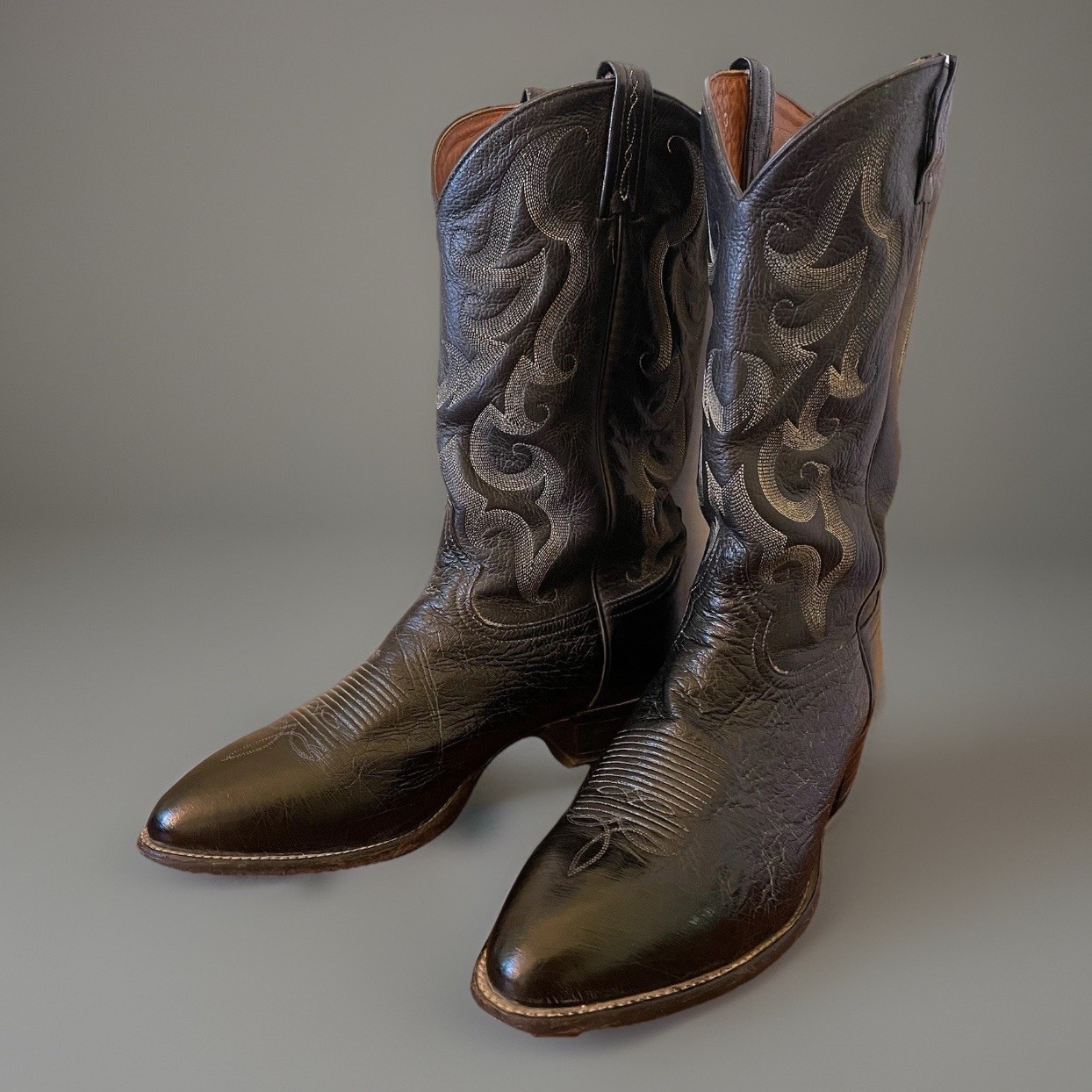 Vintage TONY LAMA Bullhide Cowboy Boots Black Exotic Stitched Handmade 13D USA