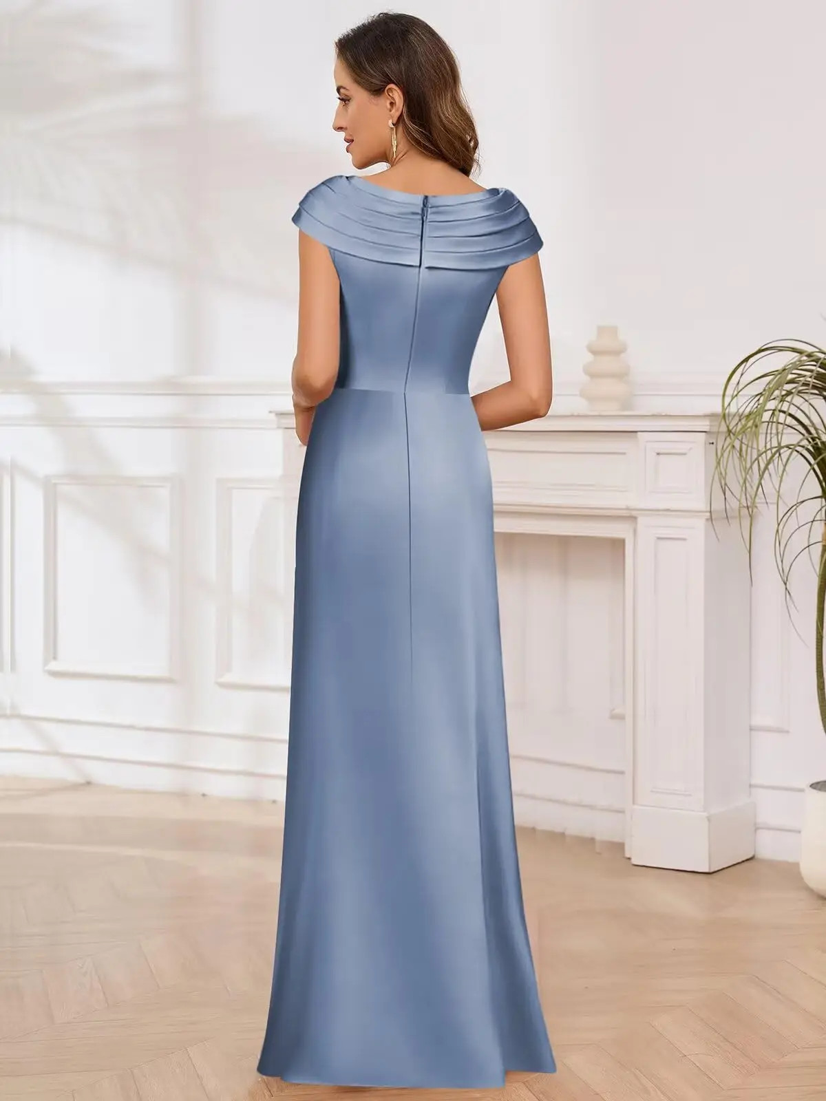 Customized Satin Mother of The Bride Dresses with Slit VNeck Beaded Formal Dress