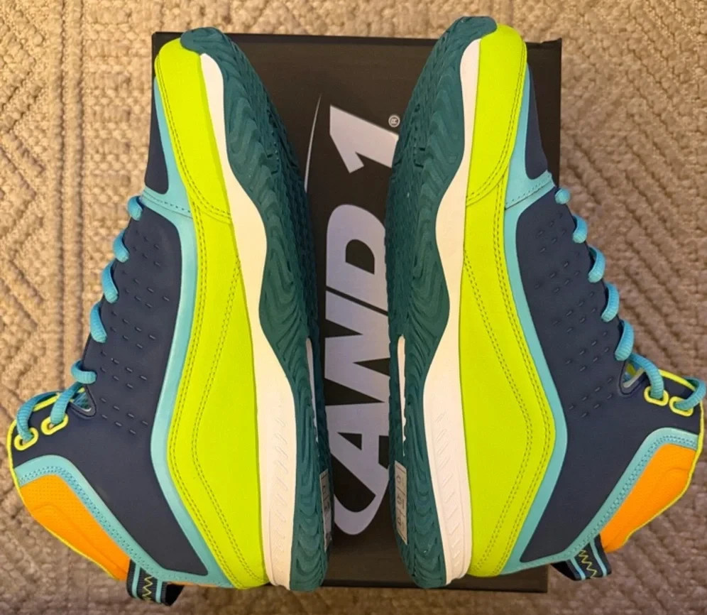 And 1 Mens Sneakers- Pulse 2.0 TPR -Neon Green- Navy & Teal High-Top -NWB