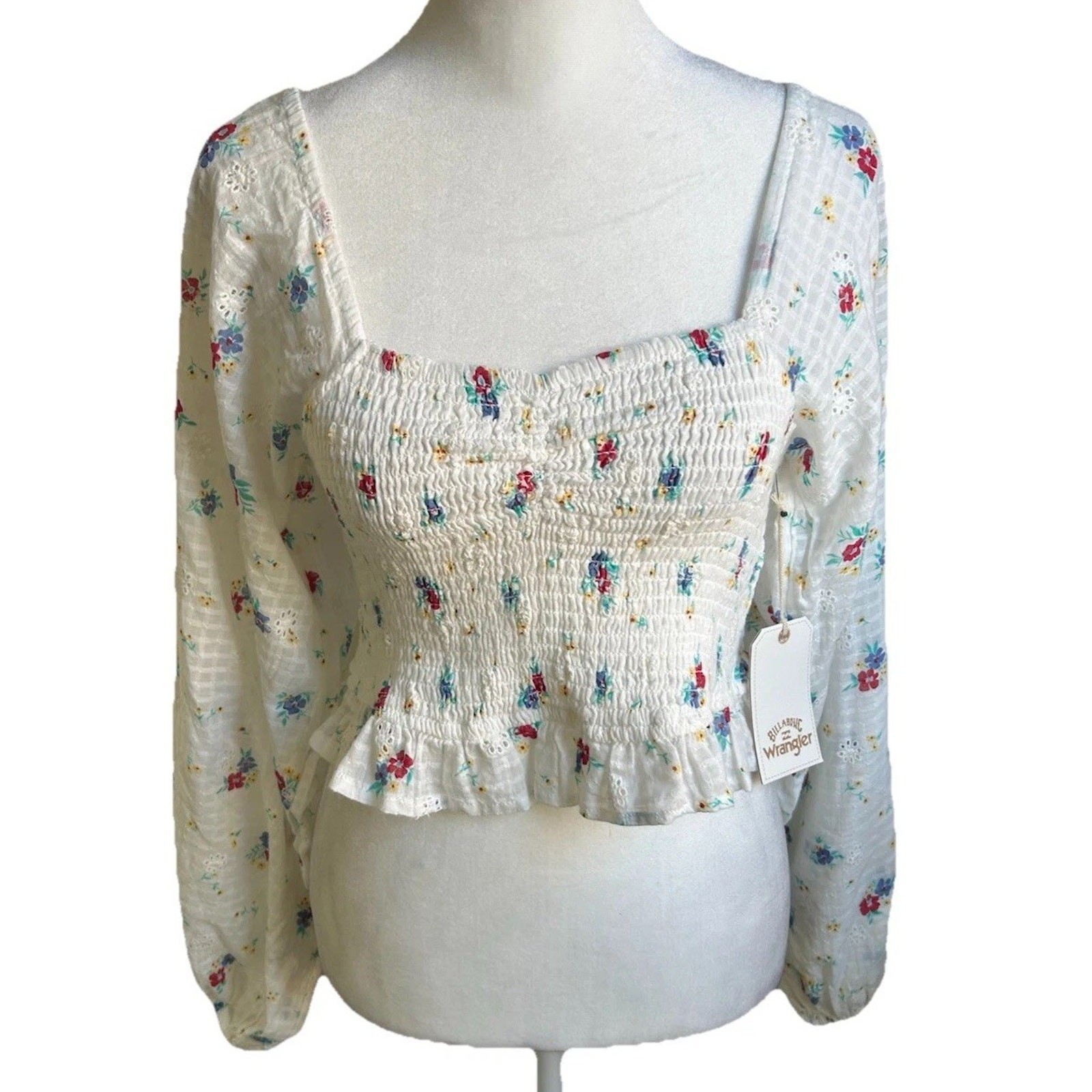 Billabong Wrangler Milkmaid Crop Top Womens M Floral Prairie Balloon Sleeve NWT