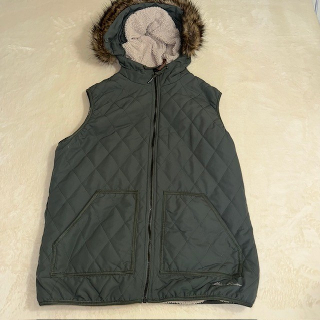 Eddie Bauer Womens Green Quilted Sherpa Lined Hooded Faux Fur Trim Vest Large