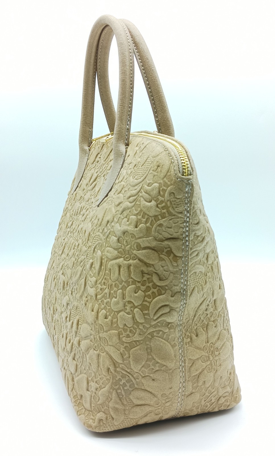 Taupe Italian Genuine Leather Floral Embossed Handbag Satchel – Made In Italy