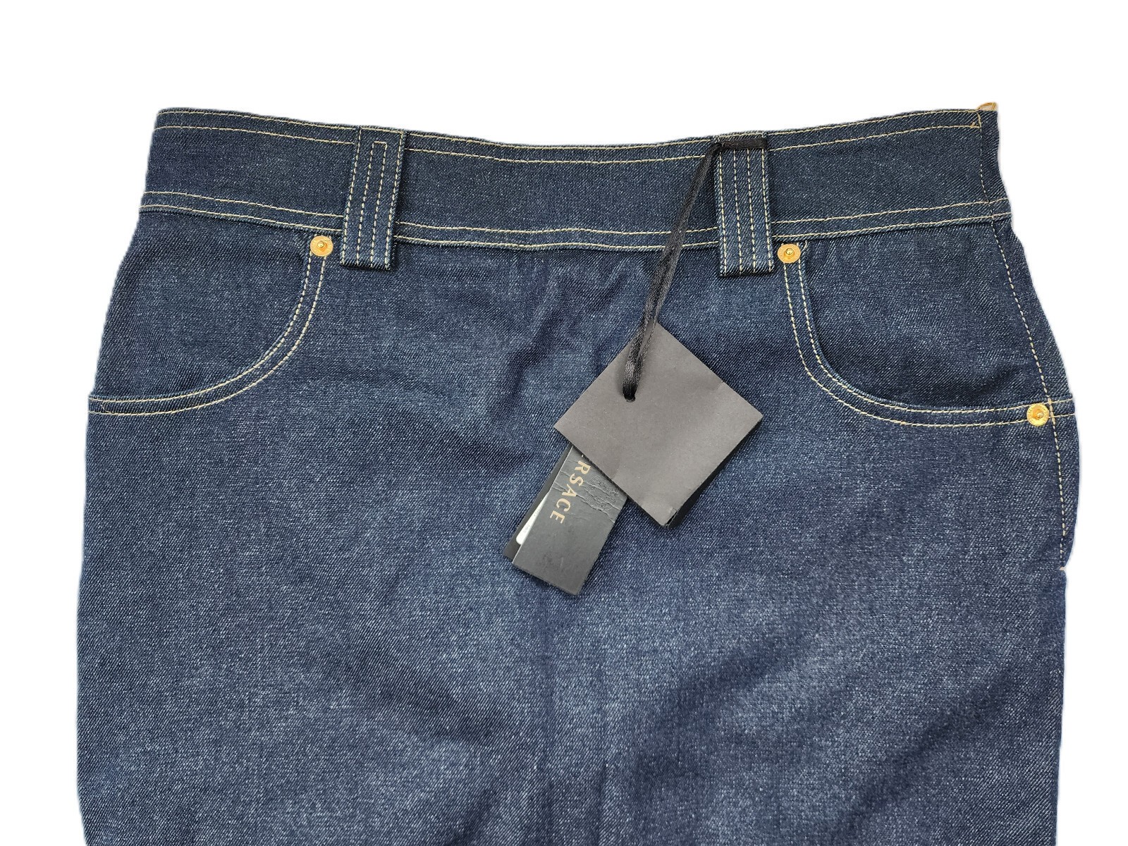 $2995 Designer VERSACE Women’s Indigo Gold Stitching Medusa Long Denim Skirt 40