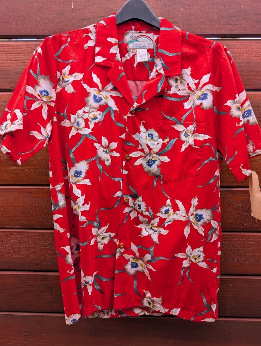 Paradise Found Hawaiian Shirt – Late 70s/80s – Red Orchid Print – Looks New – M