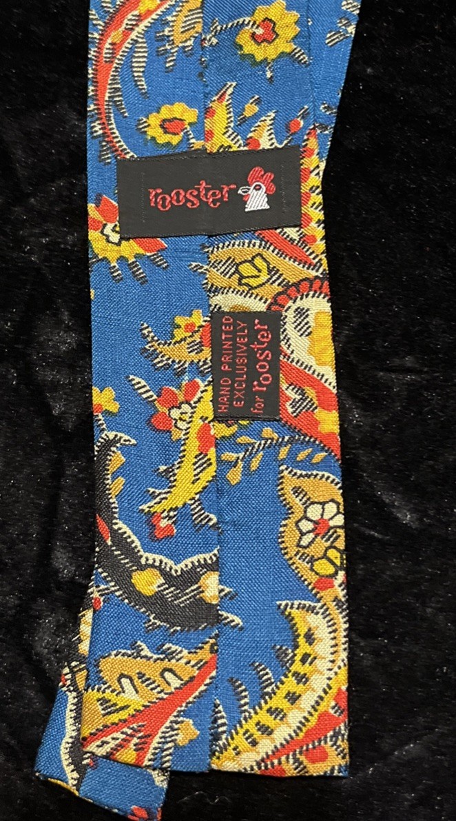 Rooster Necktie Tie Square Bottom Hand Printed Silk Vintage 2″x53″”