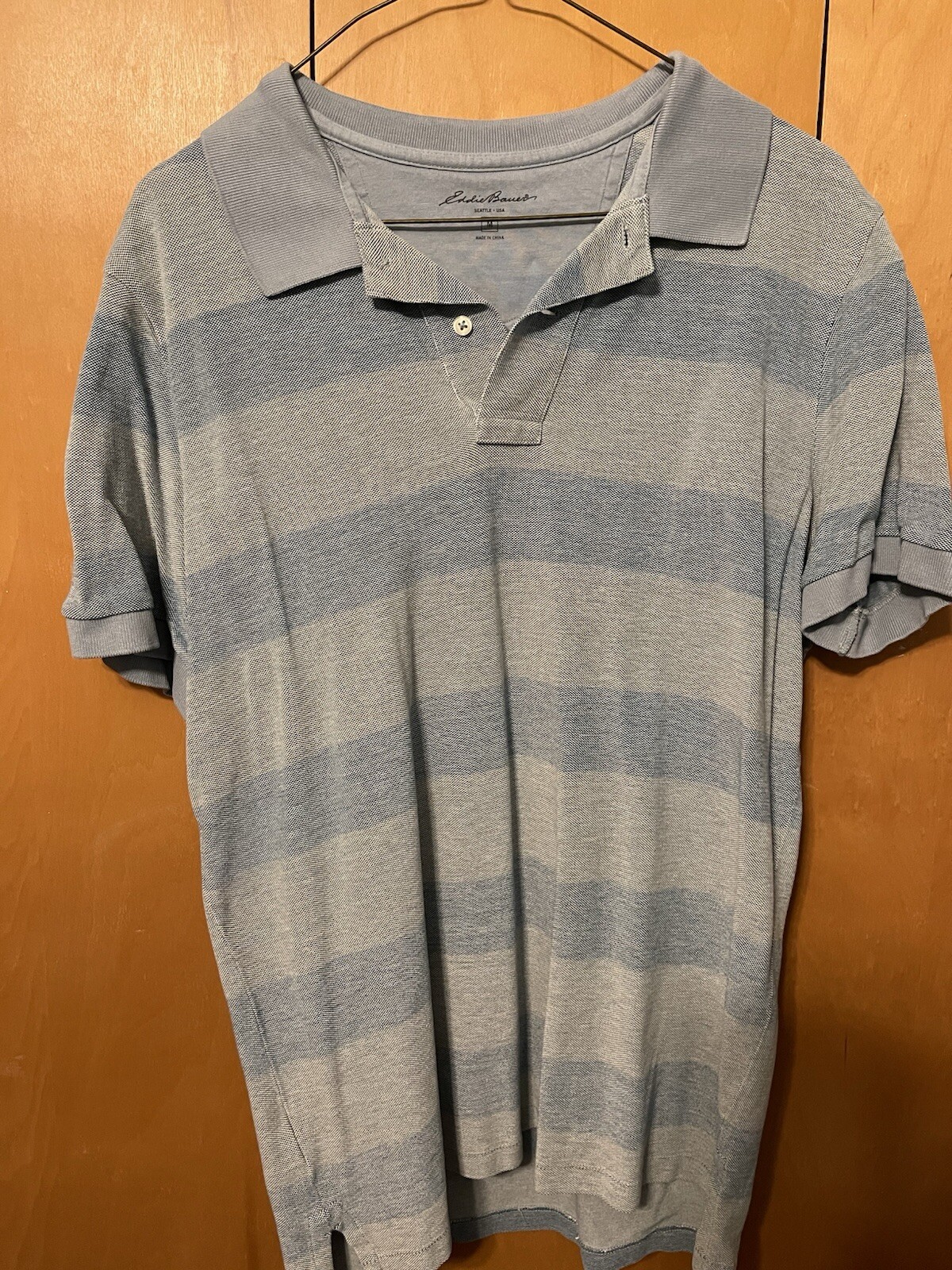 EDDIE BAUER CLASSIC PIQUE COTTON HEATHER LIGHT BLUE GRAY STRIPED POLO MEDIUM MEN