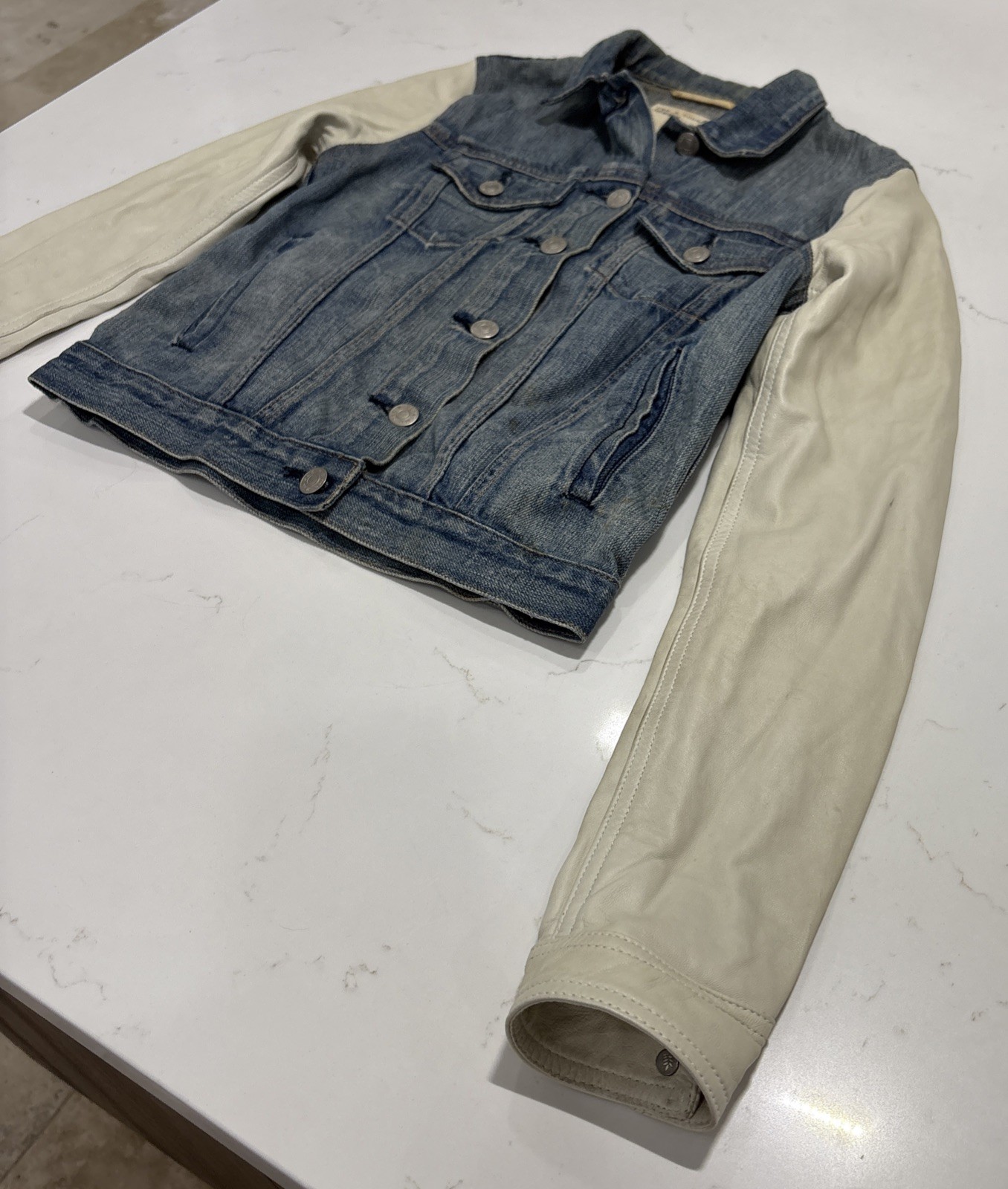 RAG & BONE Women’s Light Blue Denim Jacket With Cream Leather Sleeves Size XS