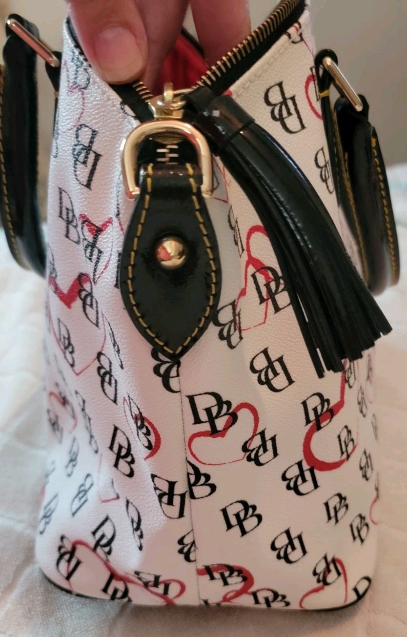 Dooney & Bourke DB Heart Print Satchel White Black Red Coated Canvas Bag