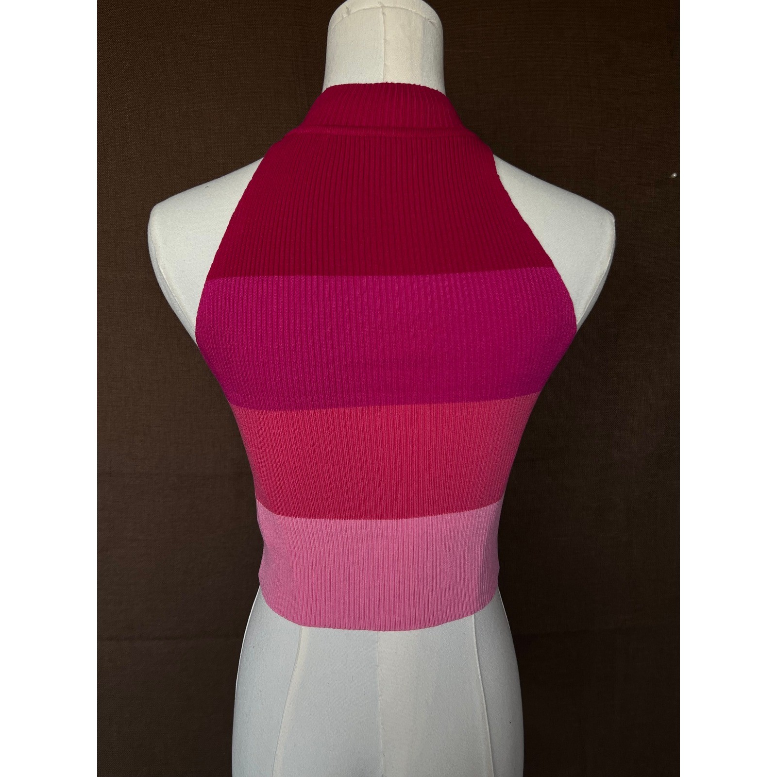 SHEIN Pink Ombre Striped Ribbed Knit Halter Crop Top Sleeveless Tank Small