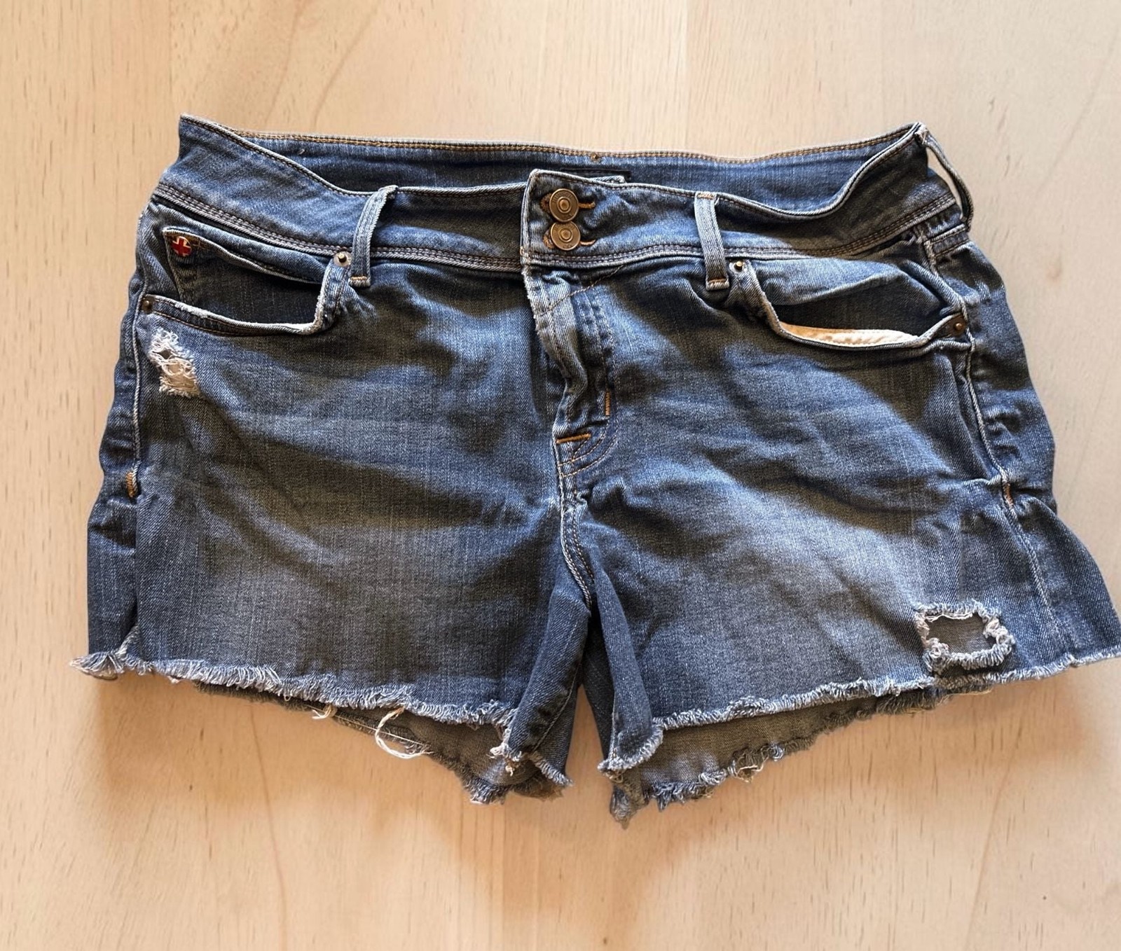 Hudson Jeans Distressed Raw Hem Mid-Rise Denim Cut-Off Shorts with Flap Pockets
