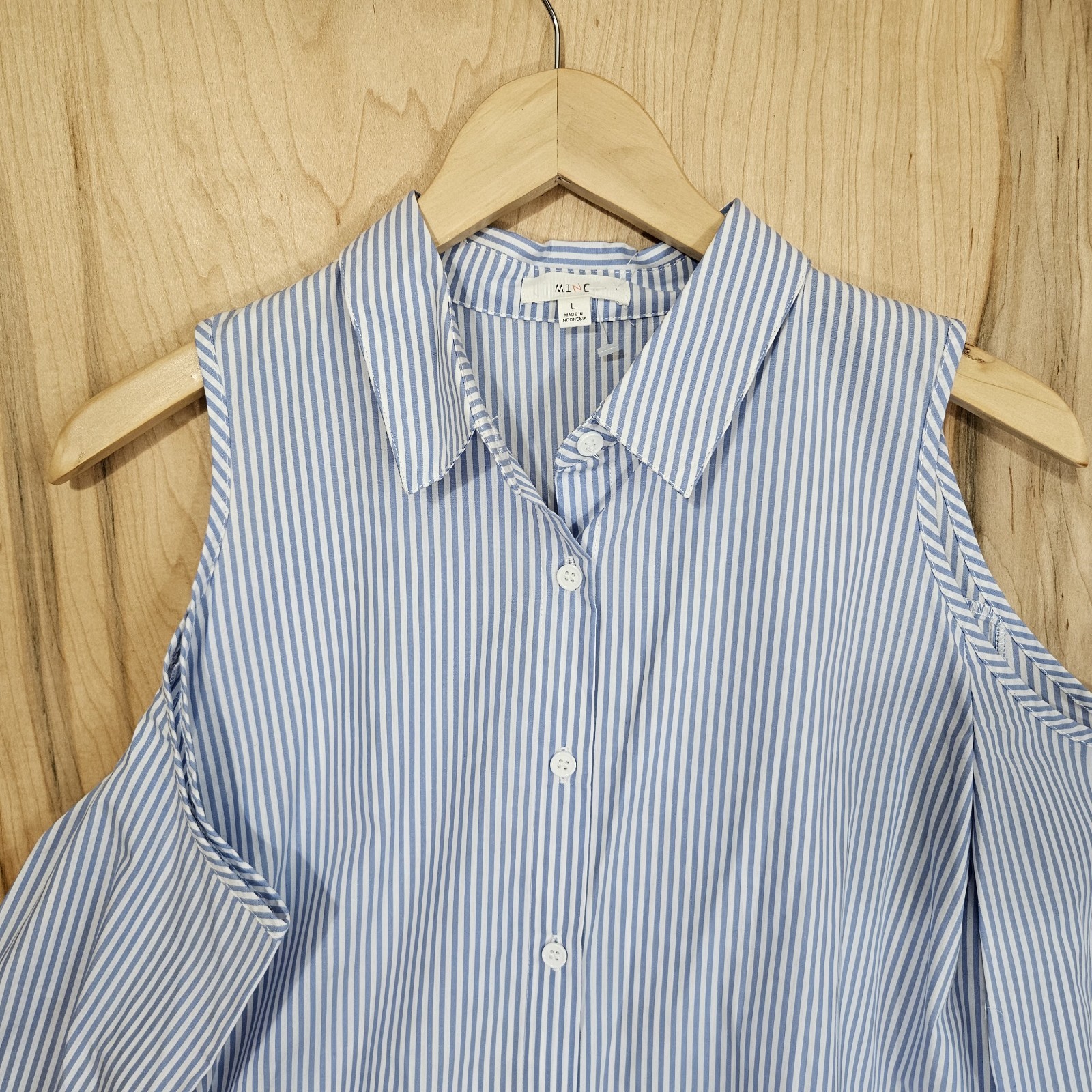 Mine Womens Pinstripe Cold Shoulder Top Button Down Tunic Top w/Belt Size Large
