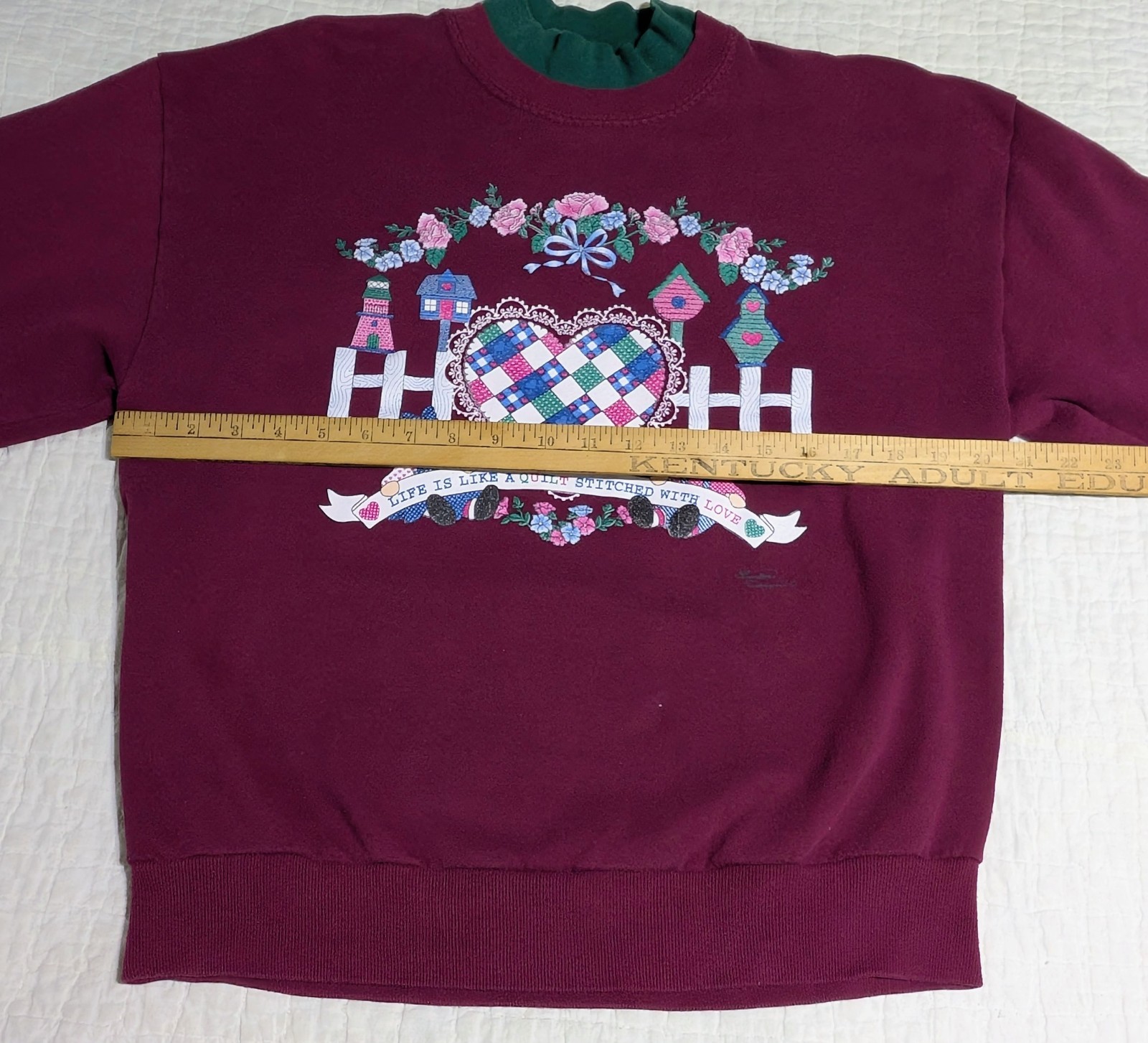 Vintage Sweatshirt Endless Designs Sz Large Quilt Heart Love Bird House Plum