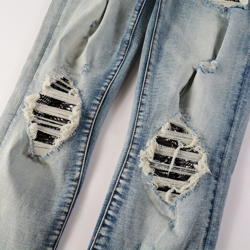 Men’s Slim Fit Stretch Denim Jeans with Paisley Patch Detail & Distressed Wash