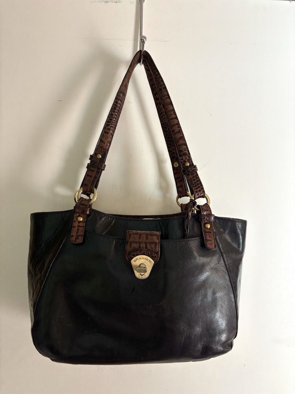 Brahmin Colette Black Leather Shoulder Tote Bag Brown Croc Embossed Gold Lock