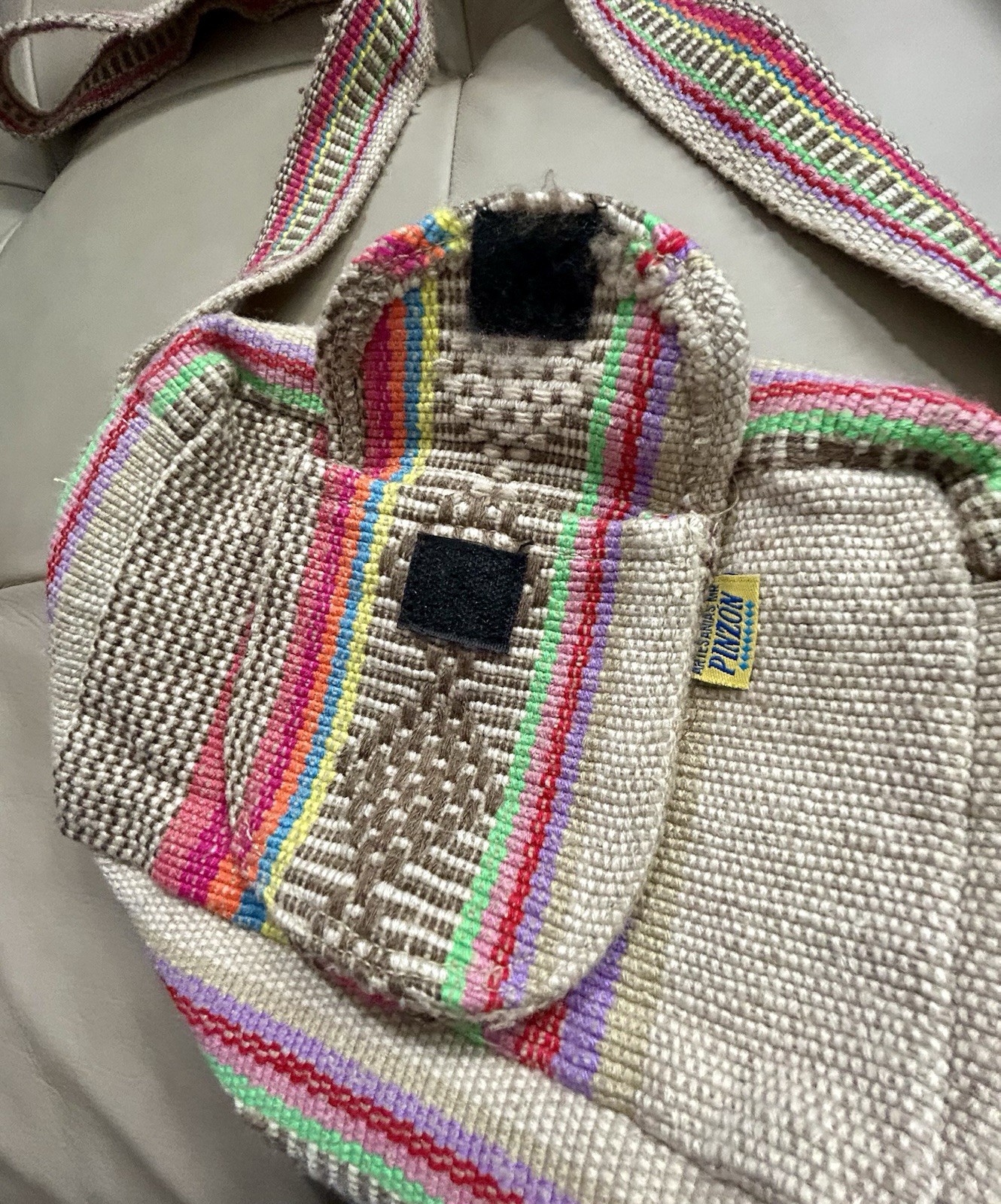 PINZON Woven Striped Beige Multicolor Crossbody Bag Zip, Adjustable Strap