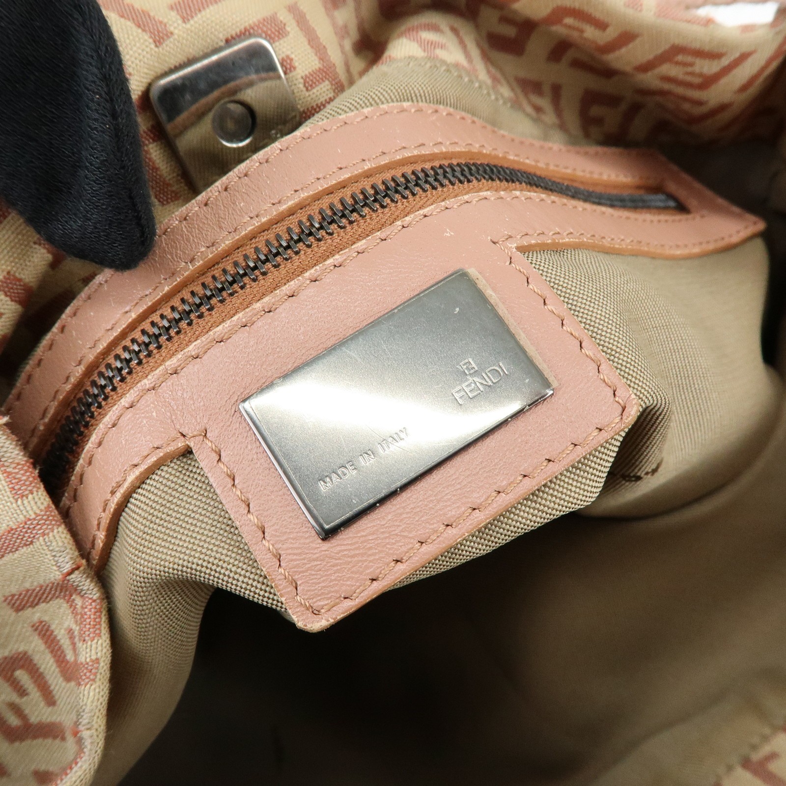 FENDI Zucchino Canvas Leather Shoulder Bag Beige Pink 8BR318 Authentic Used F/S