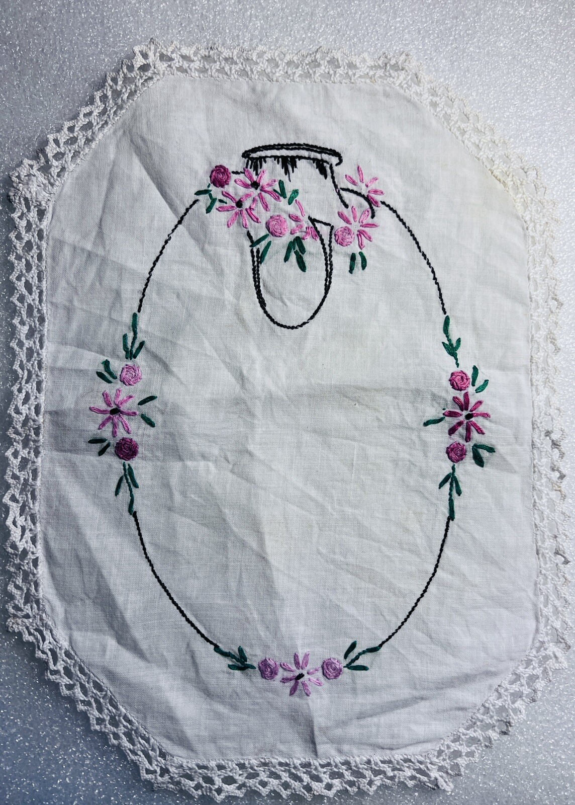 Lace Hand Stitched Handkerchief Lace Basket Of Flowers Tiny Very Light Stain