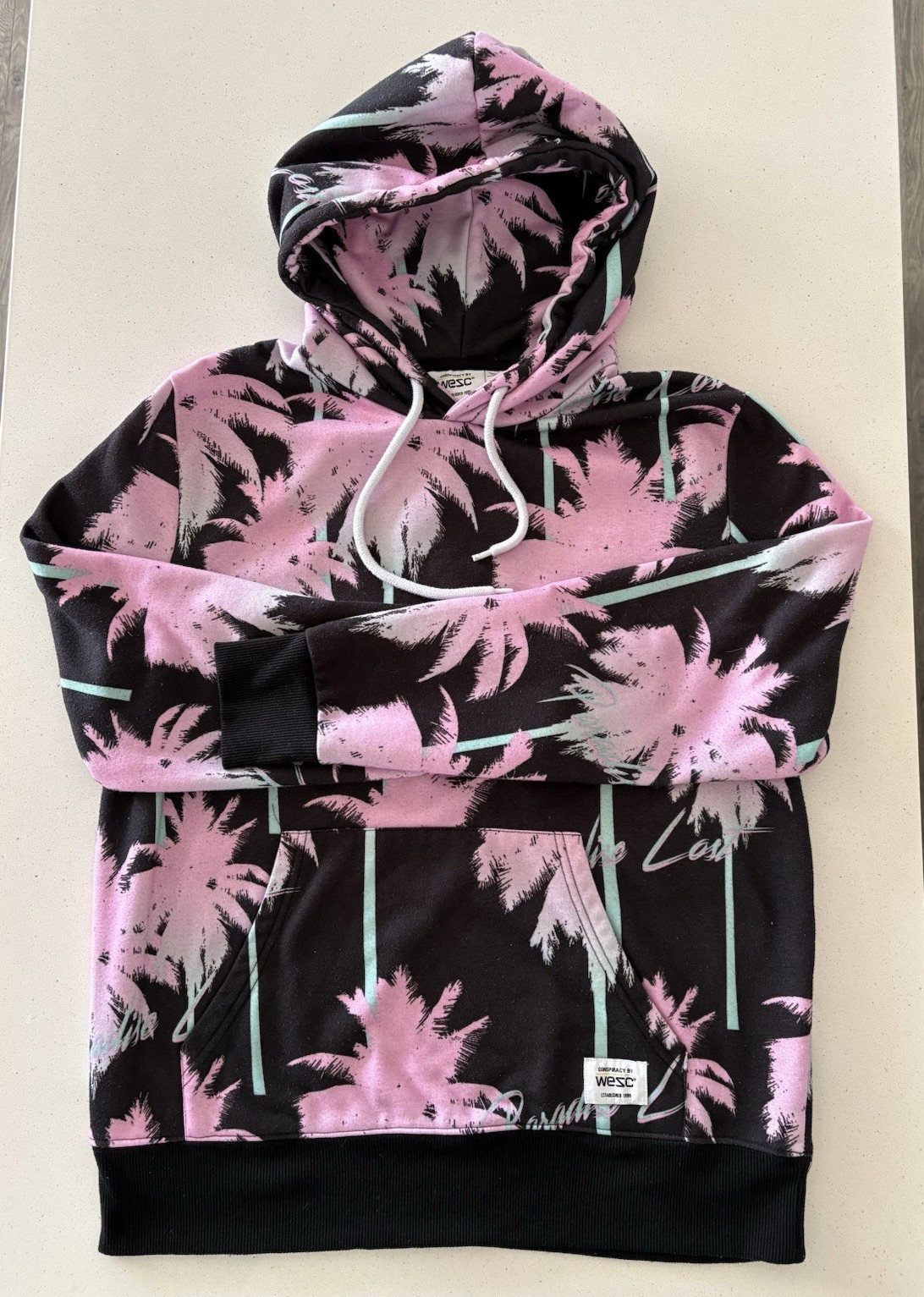 WeSC Men’s Pullover Hoodie Size M Black/Pink/Mint Tropical Palm Graphic