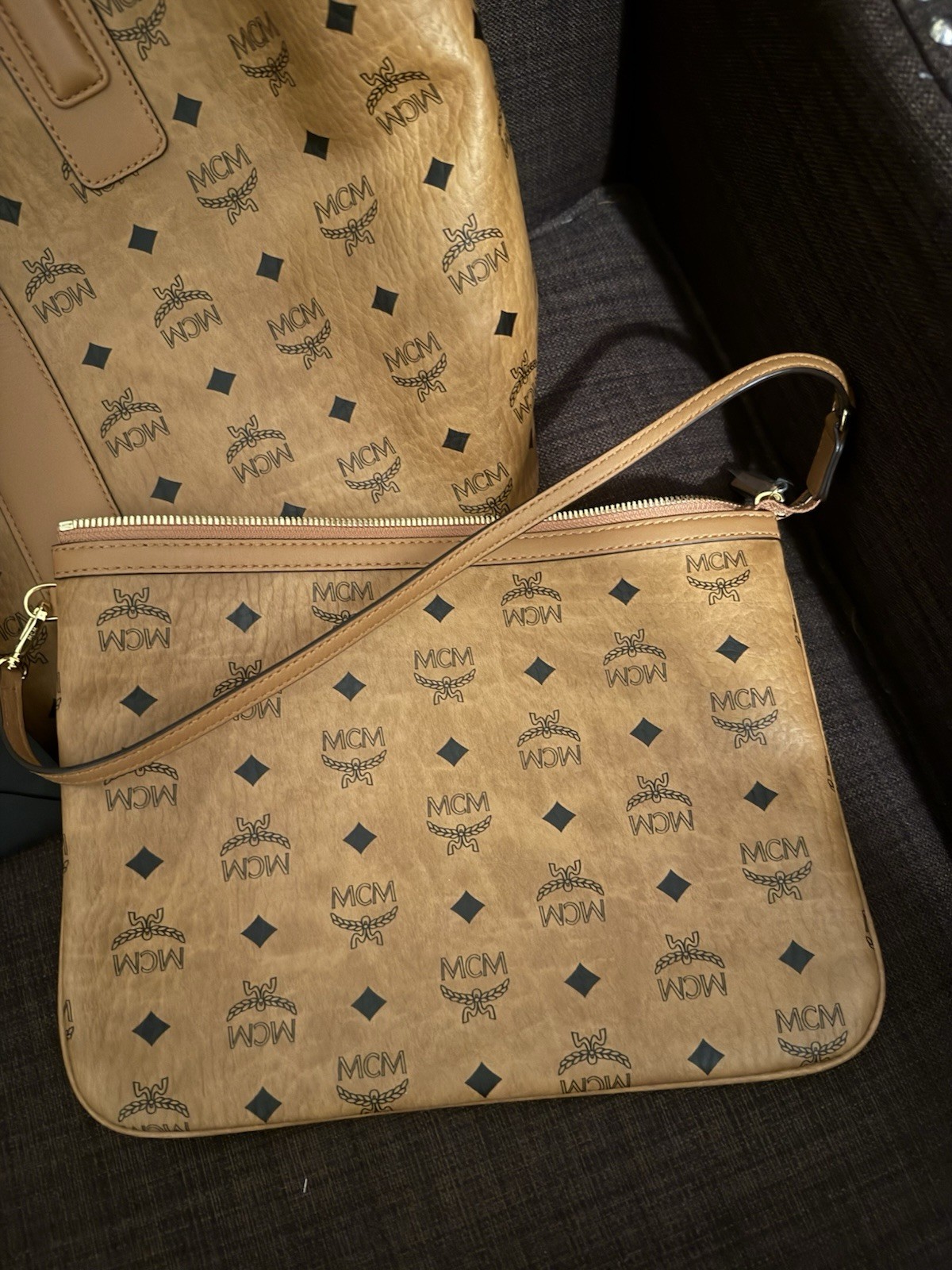 MCM Brown Monogram Logo Medium Tote Drawstring Double Handles w/ Pouch