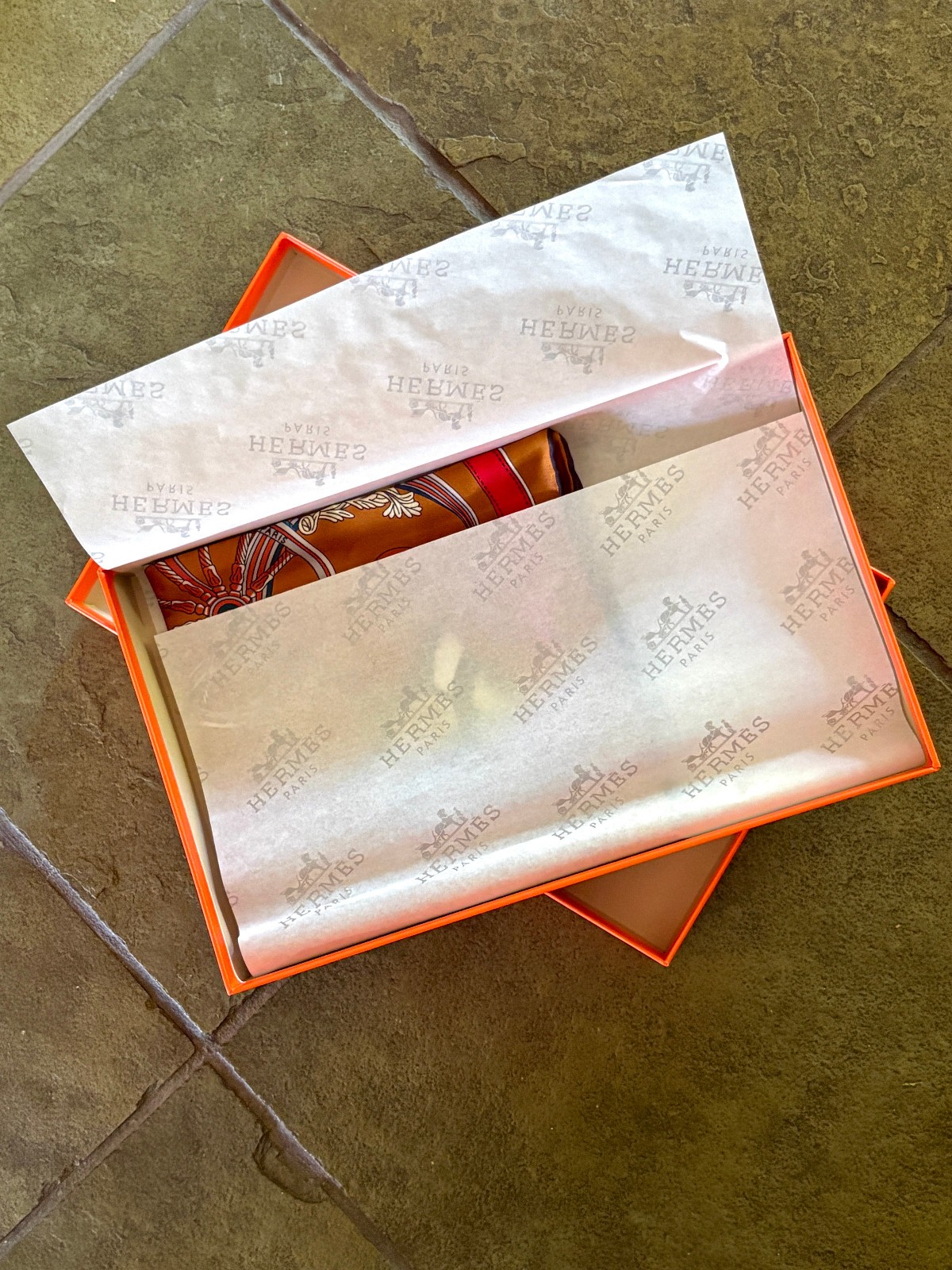 34″ Square Silk Hermes Scarf with original bag, gift box, tissue and ribbon