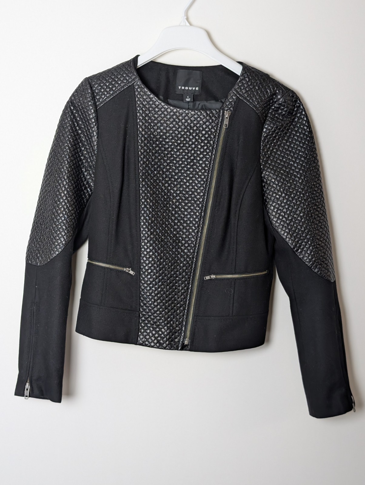 Trouvé Women’s Black Quilted Faux Leather & Knit Moto Jacket Size S