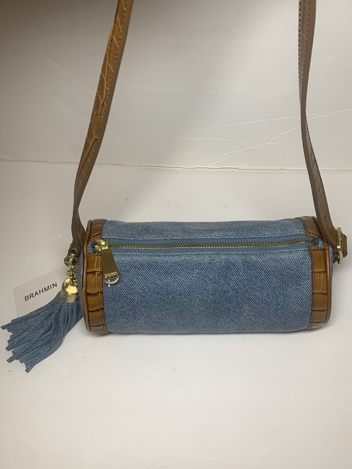 BRAHMIN Billie Barrel Shoulder Bag Denim Leather Brushed Gold Harrware NWT