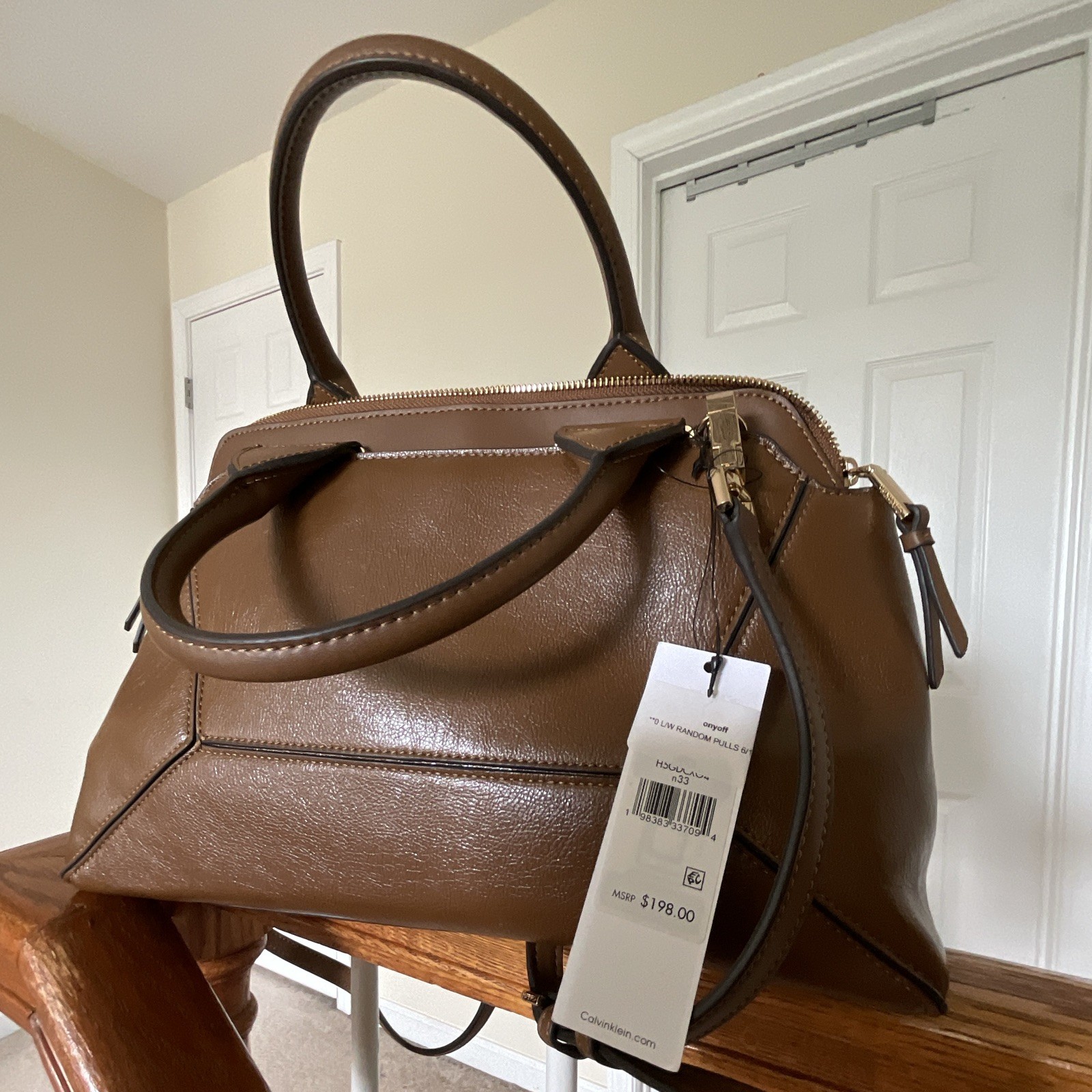 Calvin Klein Brown Large Crossbody, Zip Top, Top Handle, Detachable Strap, Gold