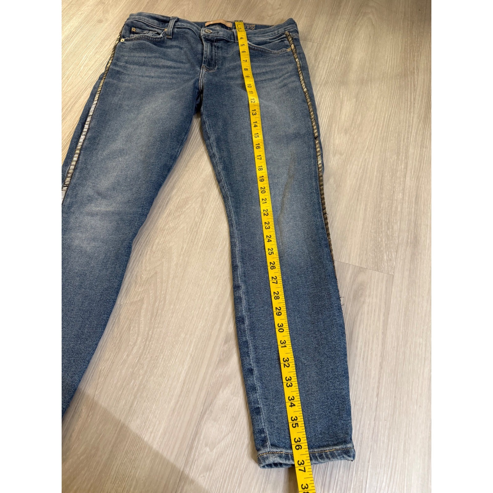 7 For All Mankind Luxe Vintage Ankle Skinny Jeans Blue Beaded Side Stripe Sz 30