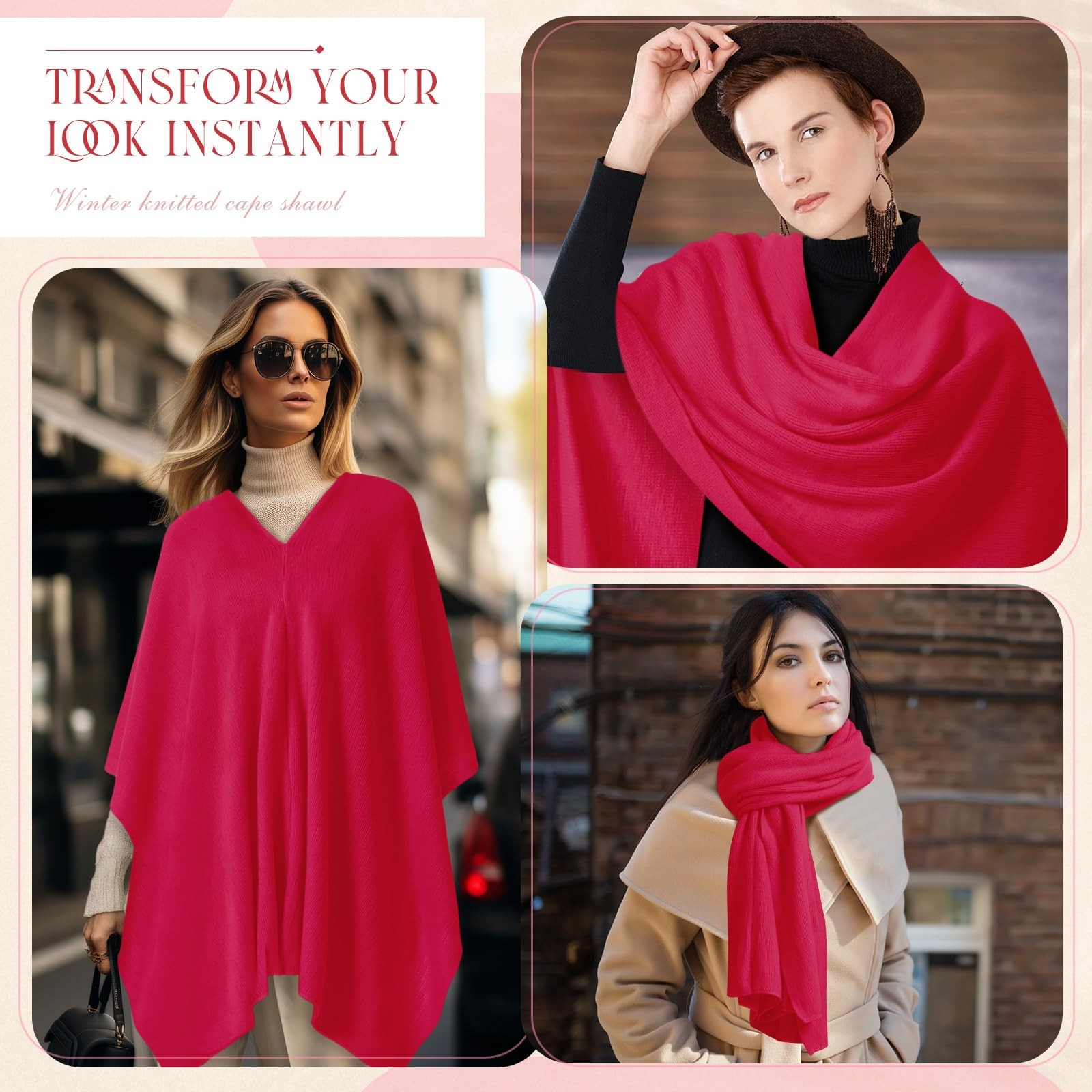 Hercicy Women Ponchos Sweater Solid Knit Versatile Lightweight One Size, Red