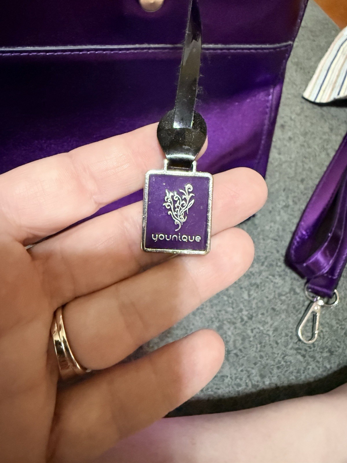 Younique Purple Metallic Satchel Top Handle Zip Bag w/ Detachable Strap Charm