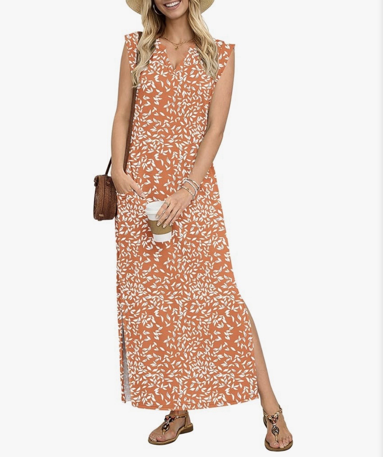 Women’s Orange/White Floral V-Neck Sleeveless Long Maxi Dress Side Slit