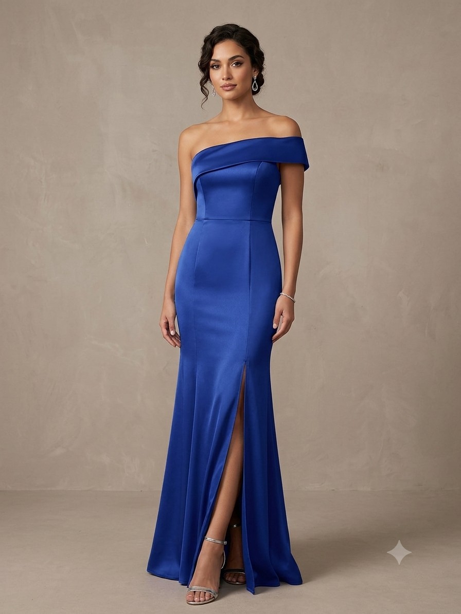 Blue Off-The-Shoulder Mermaid Dress Formal Gown Party Dress Left Side Slit