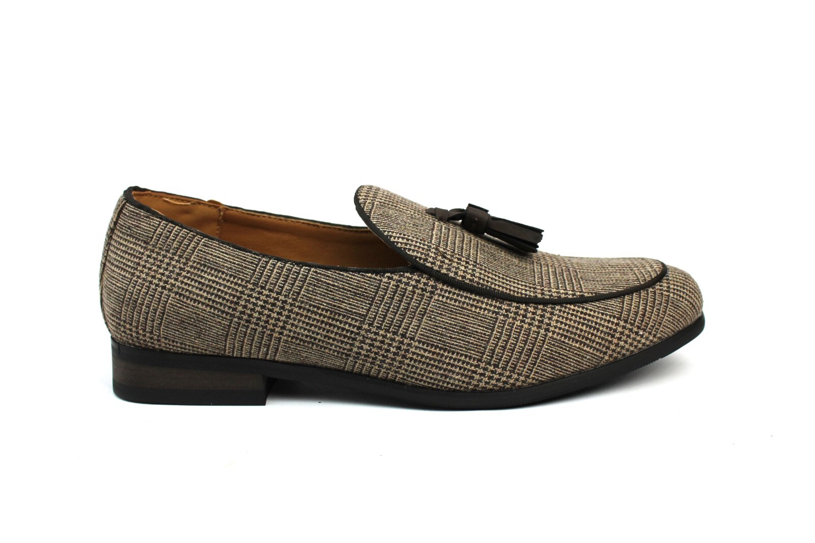Mens Slip On Loafers Tan Brown Houndstooth Plaid Dress Shoes Leather Tassel AZAR