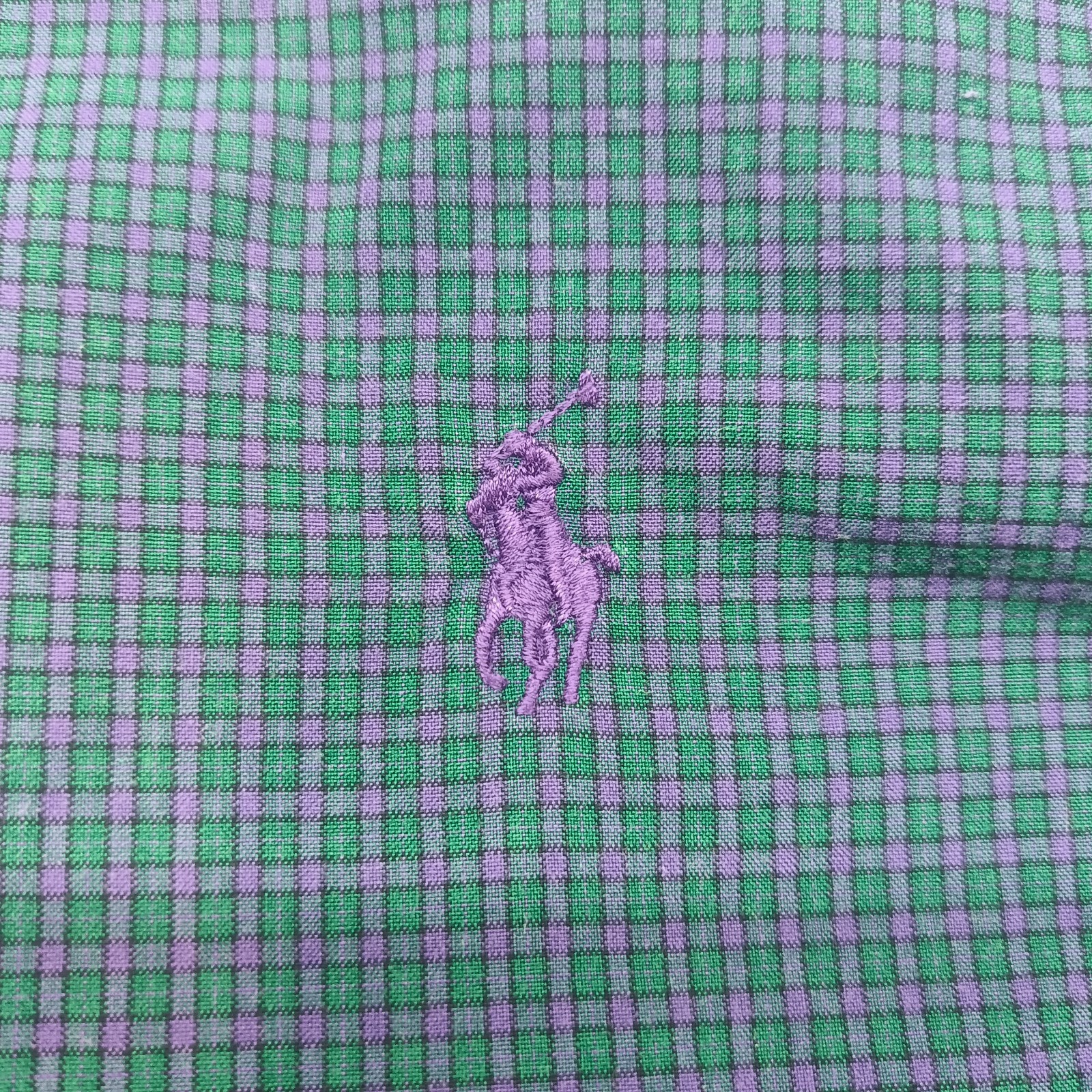 Ralph Lauren Custom Fit Purple Green Plaid Embroidered Pony Button Up Shirt L
