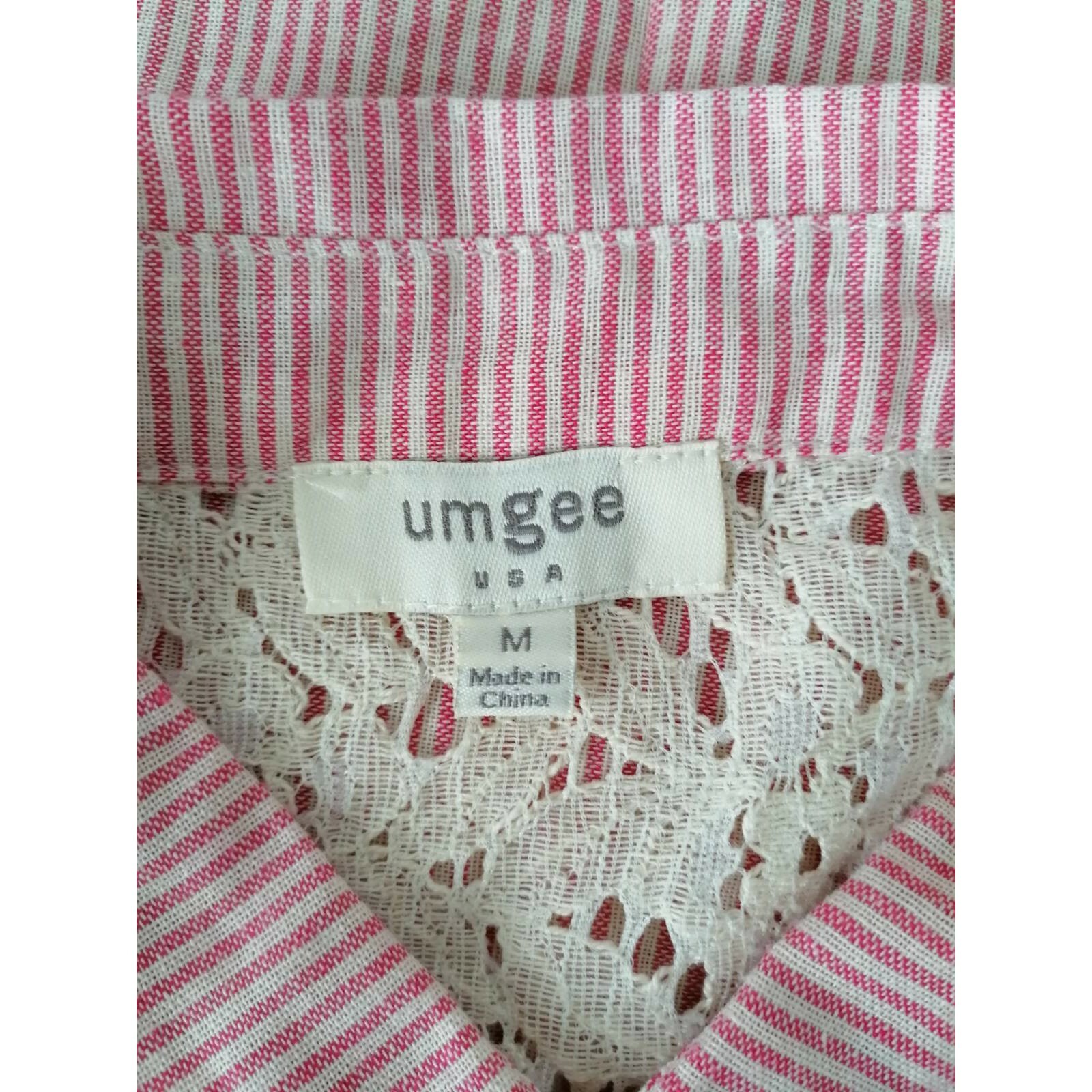 Umgee Womens Button Front Shirt Pink Striped Batwing Dolman Sleeve Pocket Lace M