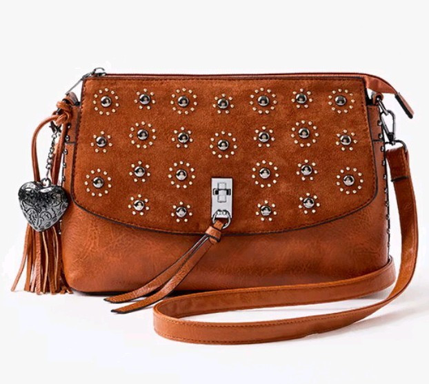 Women’s Brown Studded Crossbody Bag Tassel Charm Zip Pockets Adjustable Strap