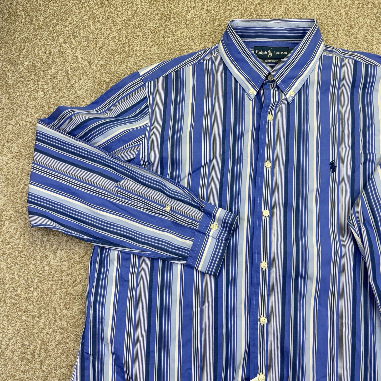 Ralph Lauren Button Down Shirt Mens Custom Fit XL Blue White Stripes Long Sleeve