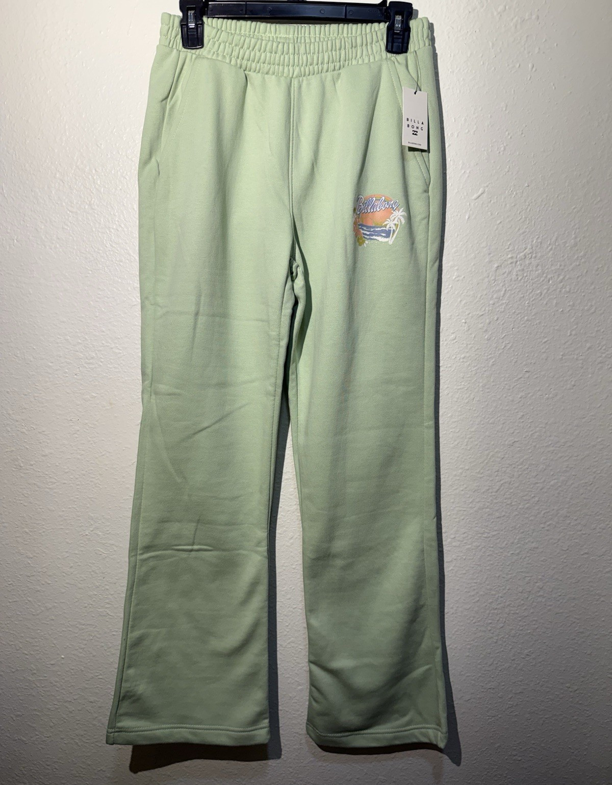 Billabong Women’s Green Solid Flared Pull-On Sweatpants Elastic Waist Pockets