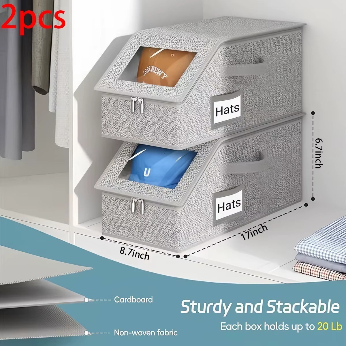 2X Stackable Hat Storage Organizer for Baseball Caps 24 Caps Hat Box with Lid