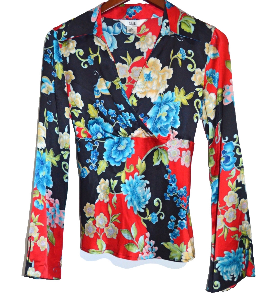 Women’s Silk Floral Blouse Medium Colorful Cottagecore Fairy