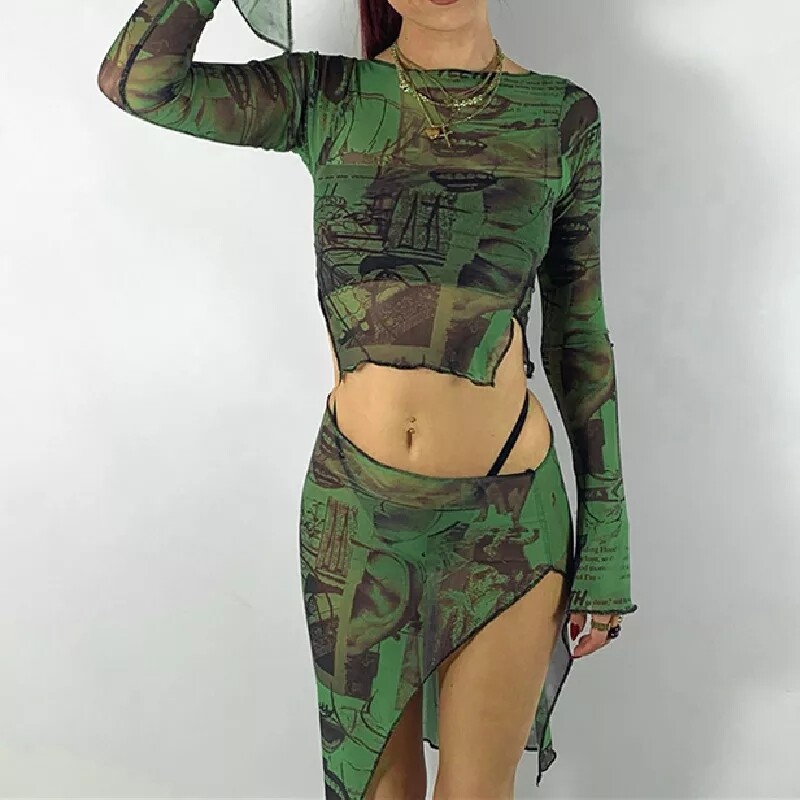 Sheer Green Mesh Top Long bell Sleeve Soft Stretchy see through goth alt spooky