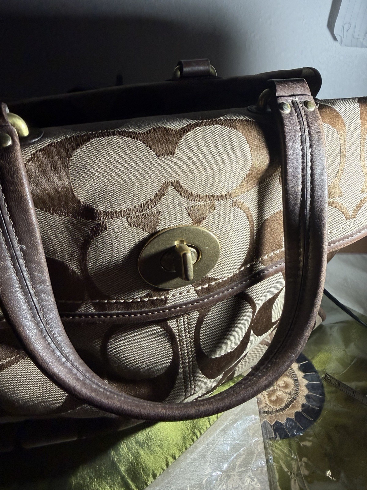 Coach Women’s Brown/Beige Logo Satchel Top Handle Turn Lock Zip Gold Bag Charm